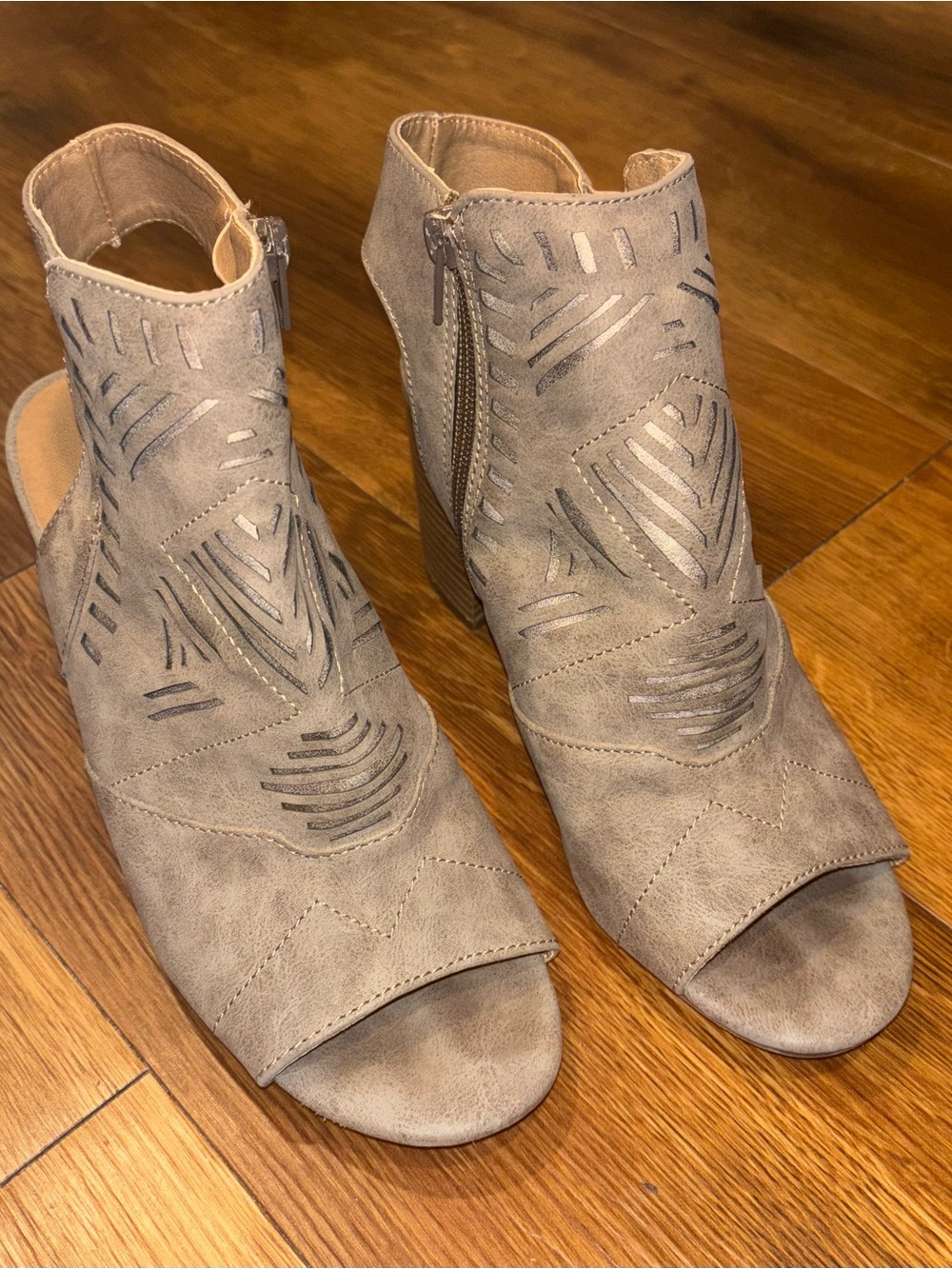 Jellypop Taupe Laser-Cut Peep-Toe Block Heel Booties
